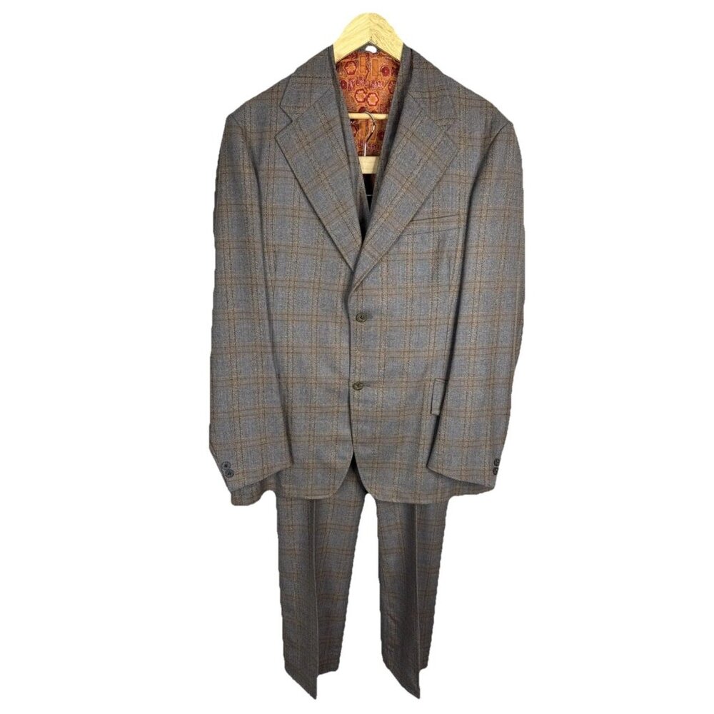 Vintage 70s LeFleche Bros 3-Piece Plaid Suit 44L Jacket Vest Pants 36x31.5 Men